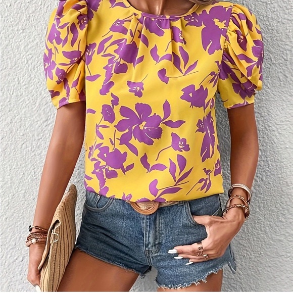 SHEIN Tops - SHEIN Yellow and Purple Floral Blouse